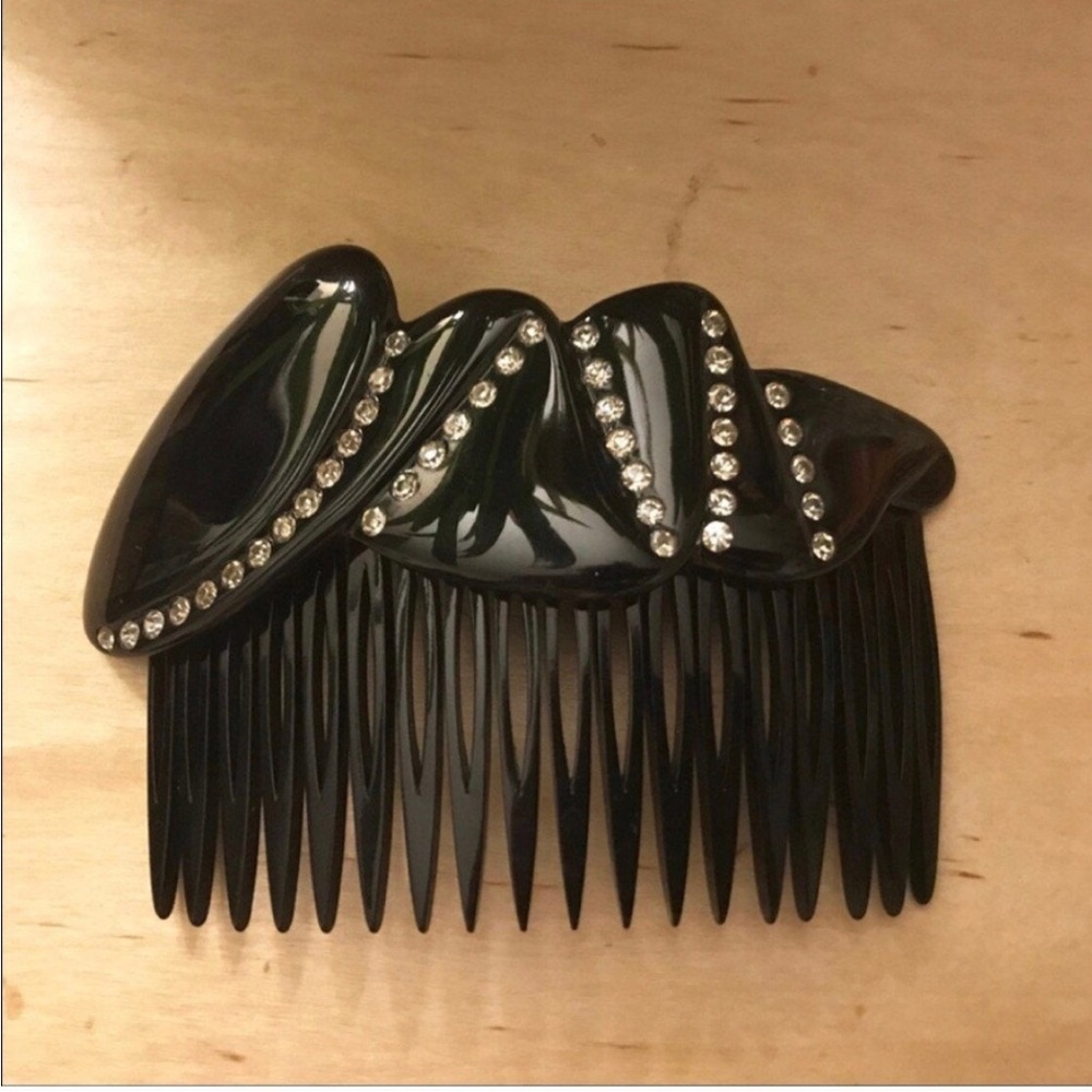 1970's Vintage Hair Comb, Black with Rhinestones, French Hair Accessory